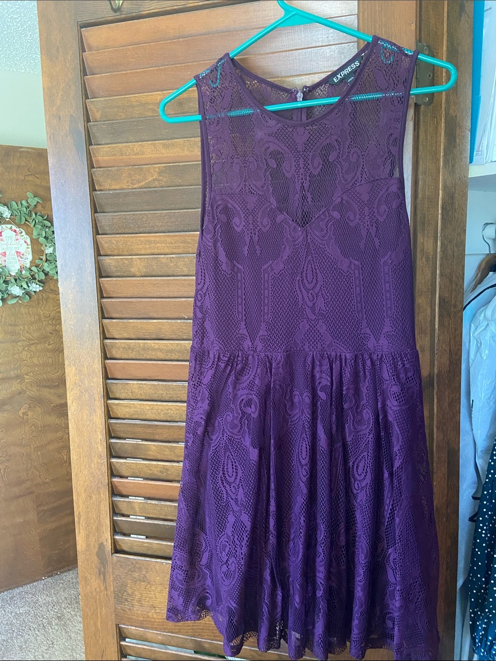 Express Deep Purple Lace Sleeveless Fit-and-Flare Dress